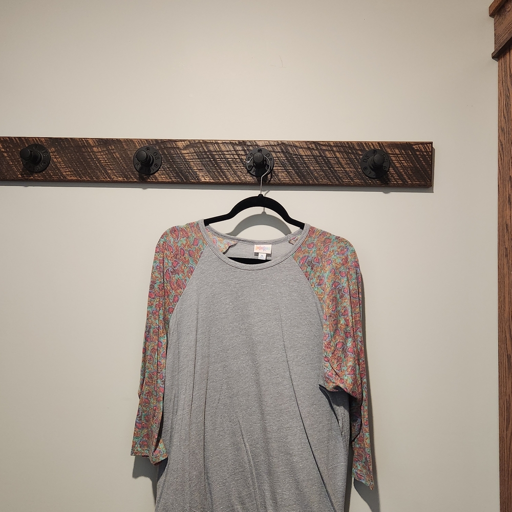 LuLaRoe Gray Top with Multicolor Floral Sleeves